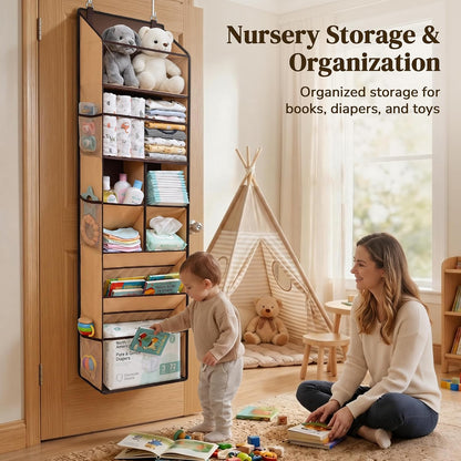 6-in-1 Over Door Hanging Organizer with 12 Mesh Pockets, 44 lbs Capacity, Light Brown – Versatile Behind Door Storage for Baby Nursery, Newborn Essentials, Bedroom, Bathroom & Dorm