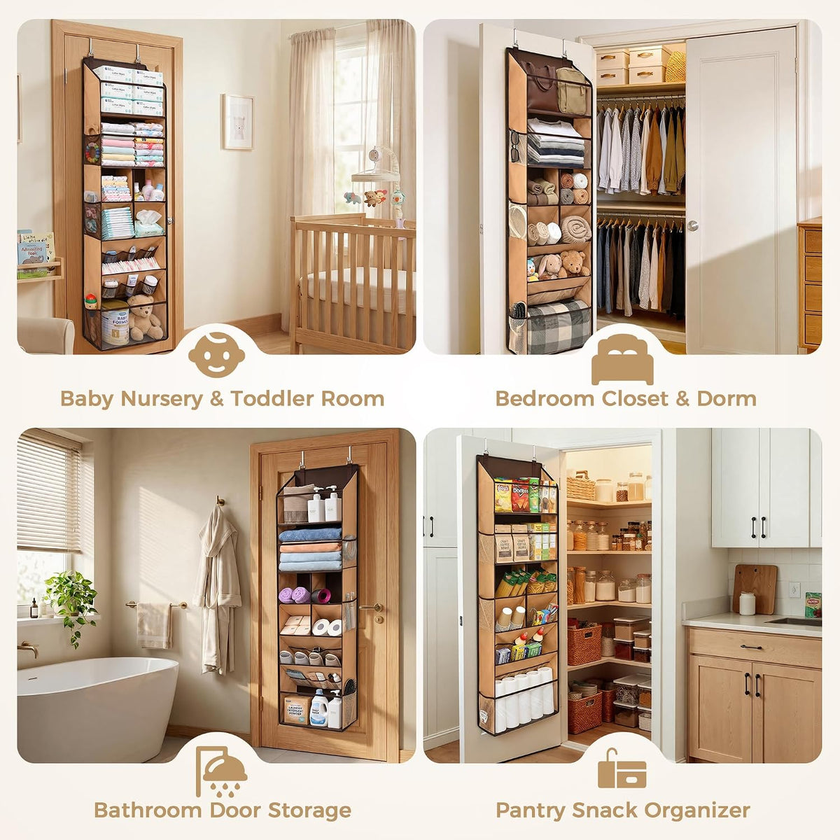 6-in-1 Over Door Hanging Organizer with 12 Mesh Pockets, 44 lbs Capacity, Light Brown – Versatile Behind Door Storage for Baby Nursery, Newborn Essentials, Bedroom, Bathroom & Dorm