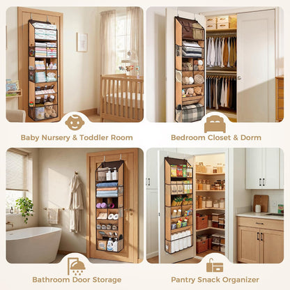 6-in-1 Over Door Hanging Organizer with 12 Mesh Pockets, 44 lbs Capacity, Light Brown – Versatile Behind Door Storage for Baby Nursery, Newborn Essentials, Bedroom, Bathroom & Dorm