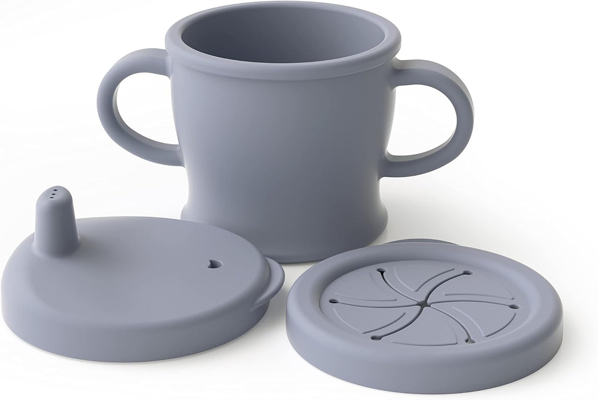 Silicone Sip-N-Snack Cup, Drop-proof Toddlers Sippy Cup & Snack Container 2-in-1, BPA Free Food Grade Silicone Cup for Baby 6 Months+, 9 Ounce (Grey)