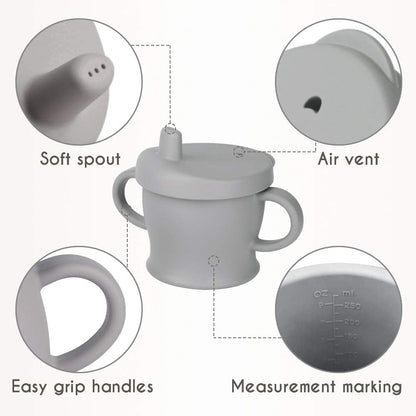 Silicone Sip-N-Snack Cup, Drop-proof Toddlers Sippy Cup & Snack Container 2-in-1, BPA Free Food Grade Silicone Cup for Baby 6 Months+, 9 Ounce (Grey)