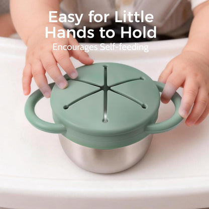 2 Pack Stainless Steel Spill Proof Snack Cup for Baby Toddlers Kids, with Silicone Food Catcher, Travel Lid, Spill-Proof Bowl Containers, Toddlers Essentials, Non Toxic BPA Free