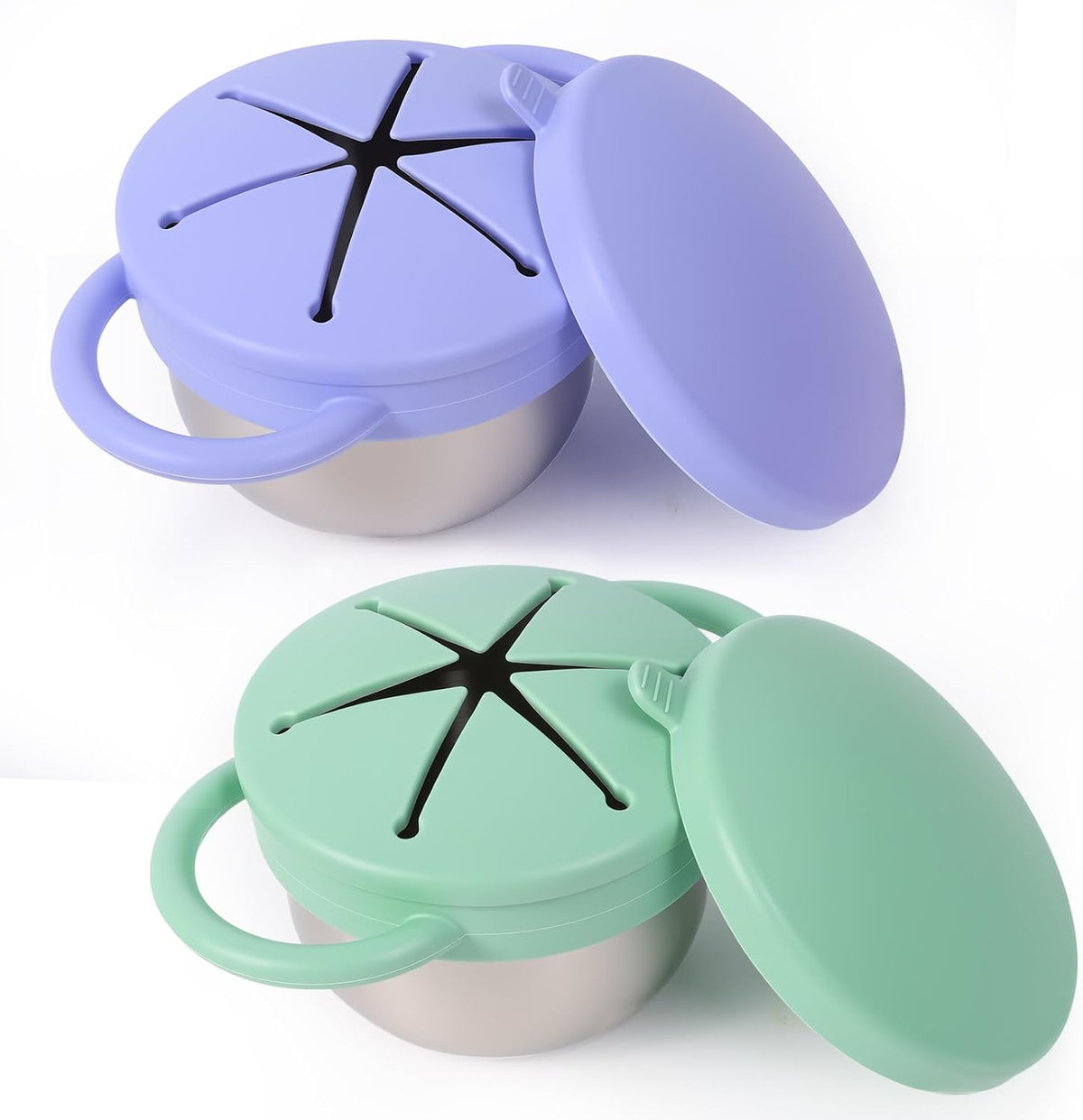 2 Pack Stainless Steel Spill Proof Snack Cup for Baby Toddlers Kids, with Silicone Food Catcher, Travel Lid, Spill-Proof Bowl Containers, Toddlers Essentials, Non Toxic BPA Free