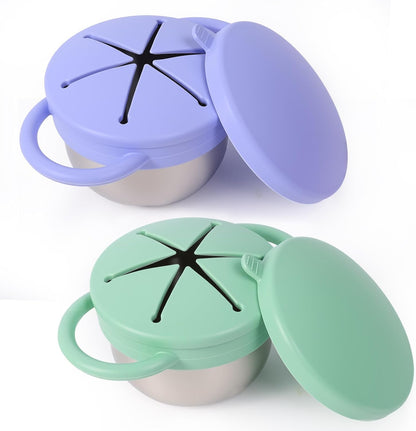 2 Pack Stainless Steel Spill Proof Snack Cup for Baby Toddlers Kids, with Silicone Food Catcher, Travel Lid, Spill-Proof Bowl Containers, Toddlers Essentials, Non Toxic BPA Free