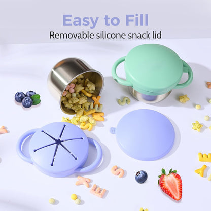2 Pack Stainless Steel Spill Proof Snack Cup for Baby Toddlers Kids, with Silicone Food Catcher, Travel Lid, Spill-Proof Bowl Containers, Toddlers Essentials, Non Toxic BPA Free