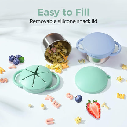 2 Pack Stainless Steel Spill Proof Snack Cup for Baby Toddlers Kids, with Silicone Food Catcher, Travel Lid, Spill-Proof Bowl Containers, Toddlers Essentials, Non Toxic BPA Free