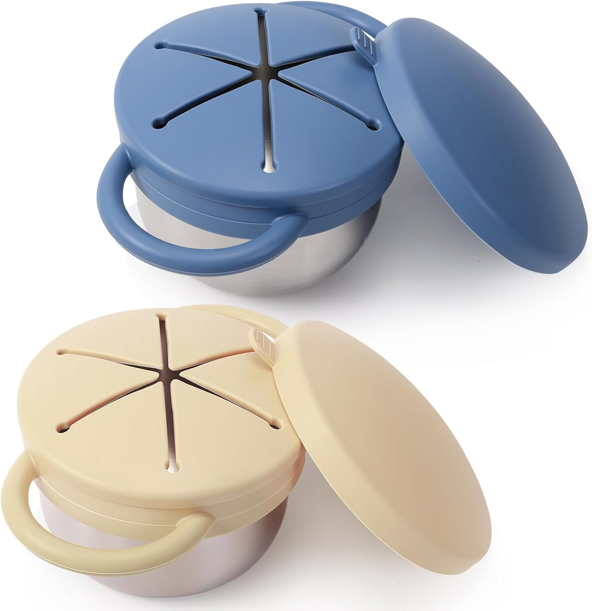 2 Pack Stainless Steel Spill Proof Snack Cup for Baby Toddlers Kids, with Silicone Food Catcher, Travel Lid, Spill-Proof Bowl Containers, Toddlers Essentials, Non Toxic BPA Free