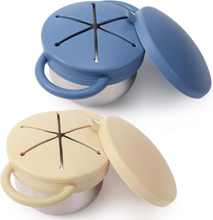 2 Pack Stainless Steel Spill Proof Snack Cup for Baby Toddlers Kids, with Silicone Food Catcher, Travel Lid, Spill-Proof Bowl Containers, Toddlers Essentials, Non Toxic BPA Free