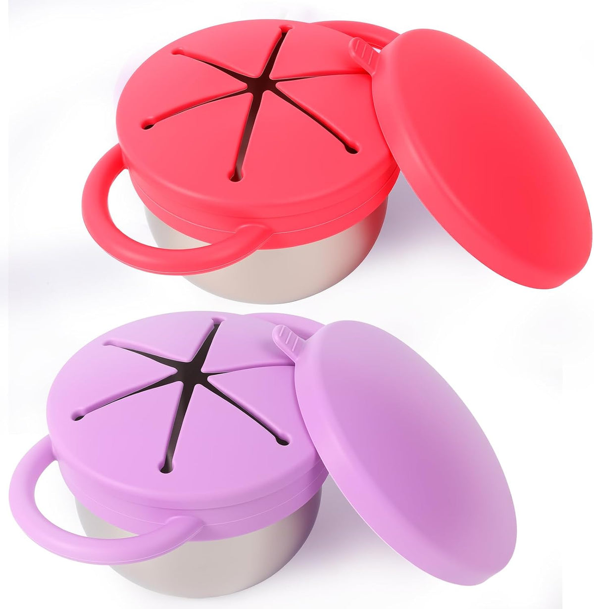 2 Pack Stainless Steel Spill Proof Snack Cup for Baby Toddlers Kids, with Silicone Food Catcher, Travel Lid, Spill-Proof Bowl Containers, Toddlers Essentials, Non Toxic BPA Free