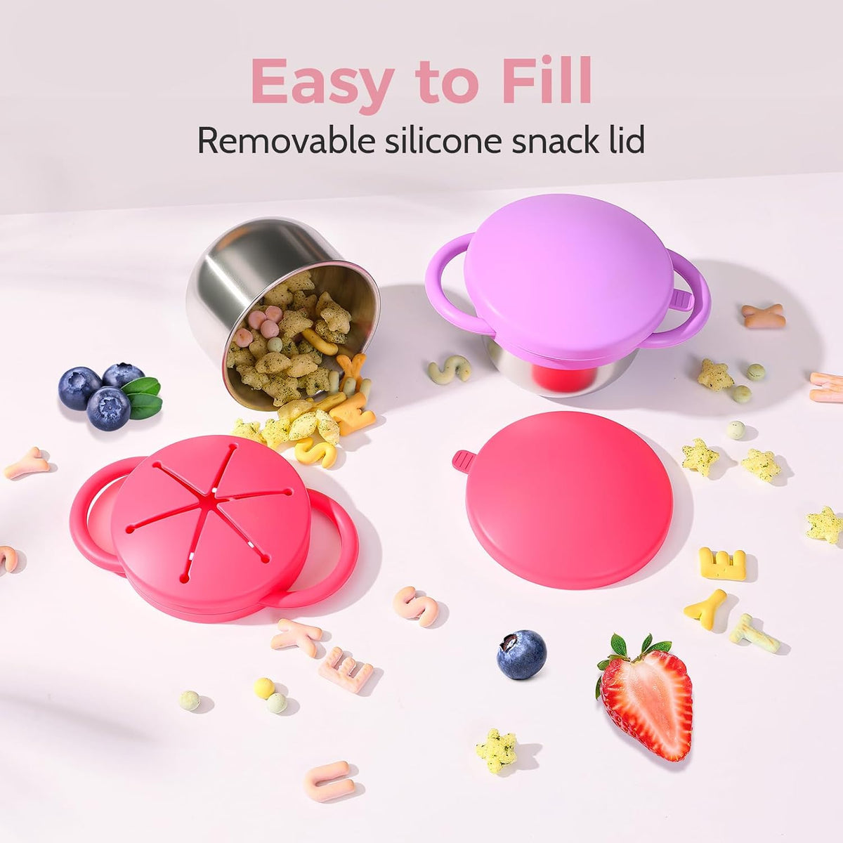2 Pack Stainless Steel Spill Proof Snack Cup for Baby Toddlers Kids, with Silicone Food Catcher, Travel Lid, Spill-Proof Bowl Containers, Toddlers Essentials, Non Toxic BPA Free
