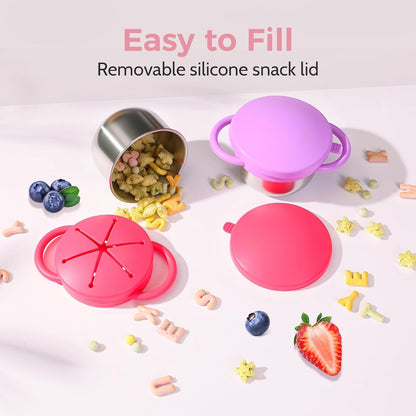2 Pack Stainless Steel Spill Proof Snack Cup for Baby Toddlers Kids, with Silicone Food Catcher, Travel Lid, Spill-Proof Bowl Containers, Toddlers Essentials, Non Toxic BPA Free