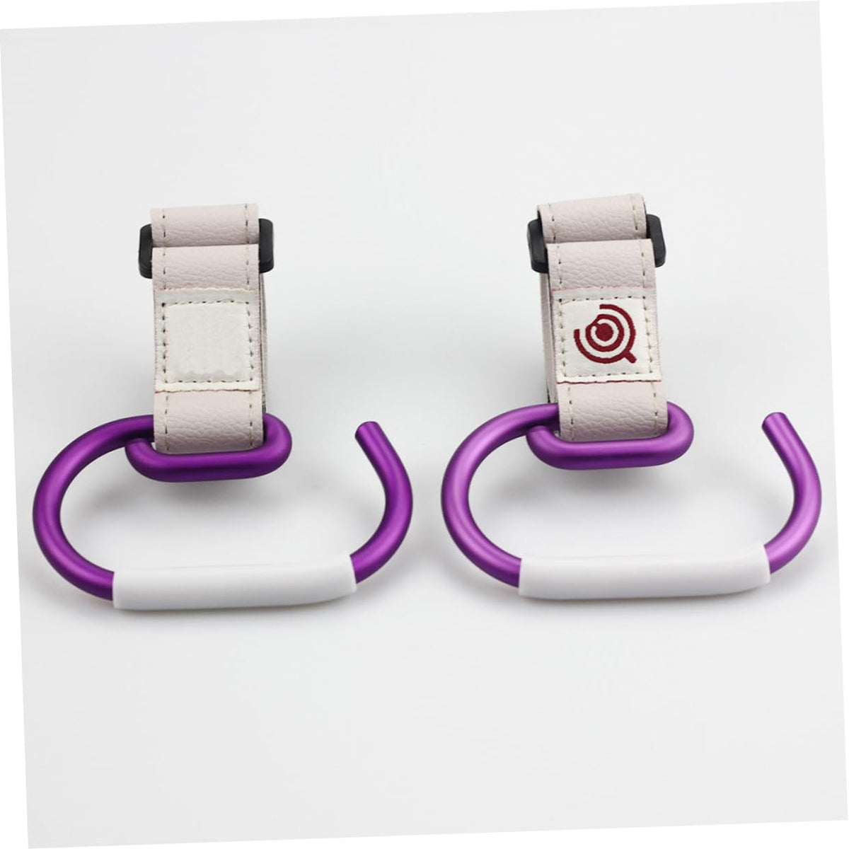 Aluminum Alloy Stroller Hook Clips with White Strap and Purple Hook Heavy-Duty Stroller Accessories Organizer for Hanging Diaper Bags Purses and Shopping Bags Convenient for