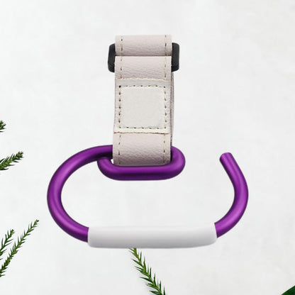 Aluminum Alloy Stroller Hook Clips with White Strap and Purple Hook Heavy-Duty Stroller Accessories Organizer for Hanging Diaper Bags Purses and Shopping Bags Convenient for