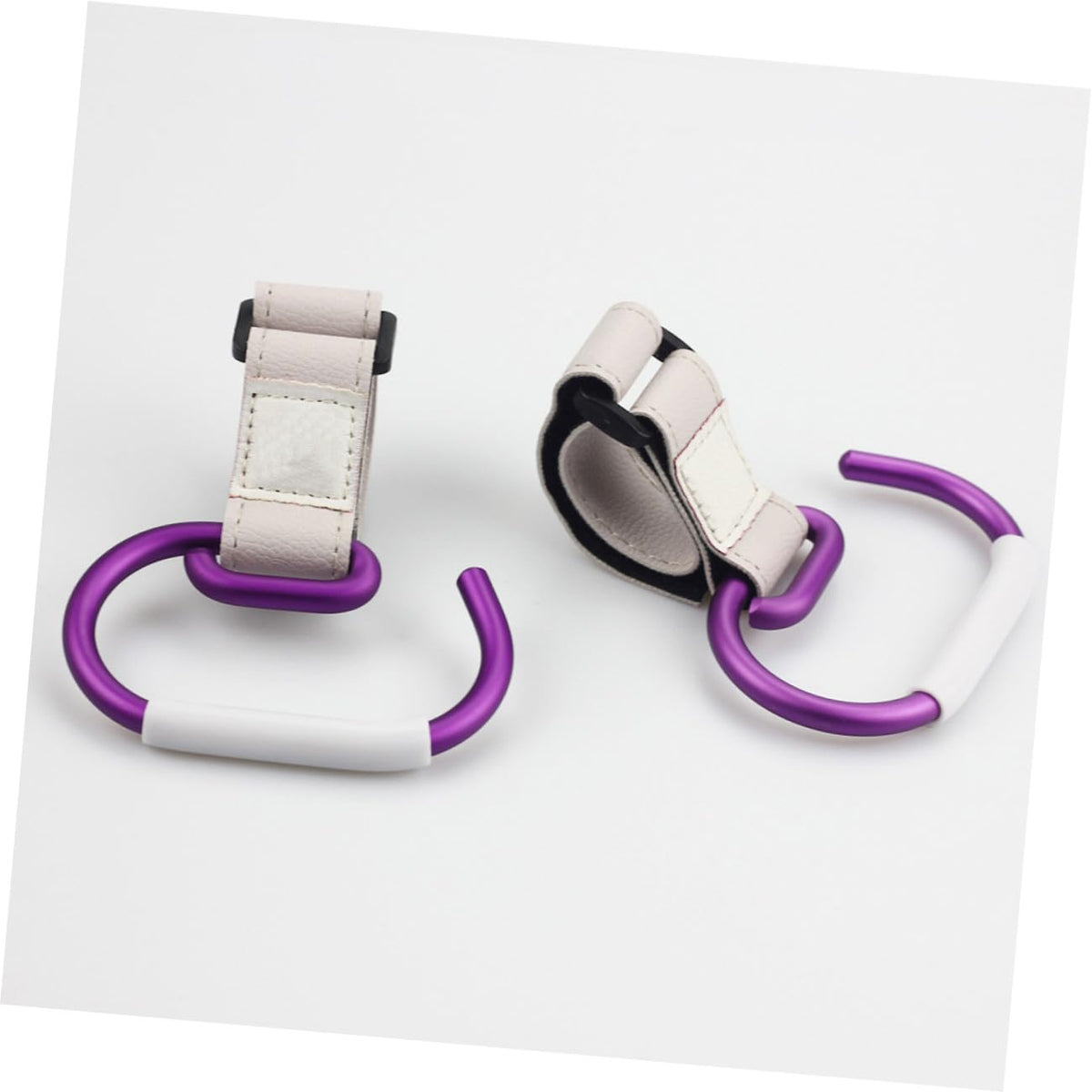 Aluminum Alloy Stroller Hook Clips with White Strap and Purple Hook Heavy-Duty Stroller Accessories Organizer for Hanging Diaper Bags Purses and Shopping Bags Convenient for