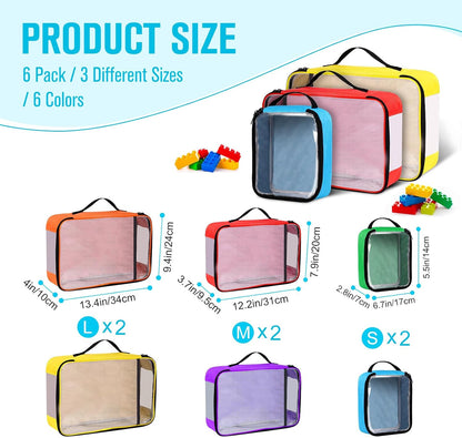 6 Pack Toy Storage Bags, Reusable Board Game Storage Bag with Visible Top, Label Slot, Manual Pocket&Handle, Travel Organizer Case for Bricks, Building Blocks, Puzzle, Car Toys, 3 Different Size