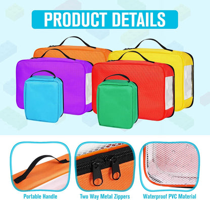6 Pack Toy Storage Bags, Reusable Board Game Storage Bag with Visible Top, Label Slot, Manual Pocket&Handle, Travel Organizer Case for Bricks, Building Blocks, Puzzle, Car Toys, 3 Different Size
