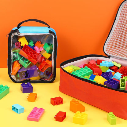 6 Pack Toy Storage Bags, Reusable Board Game Storage Bag with Visible Top, Label Slot, Manual Pocket&Handle, Travel Organizer Case for Bricks, Building Blocks, Puzzle, Car Toys, 3 Different Size