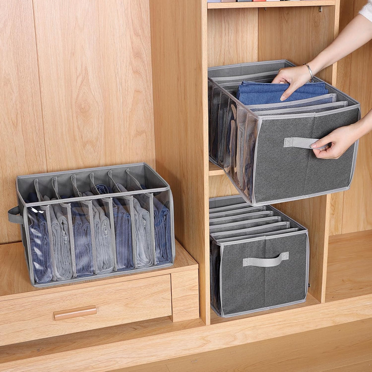 Wardrobe Clothes Organizer Storage Bin with Dividers, 3 Pack