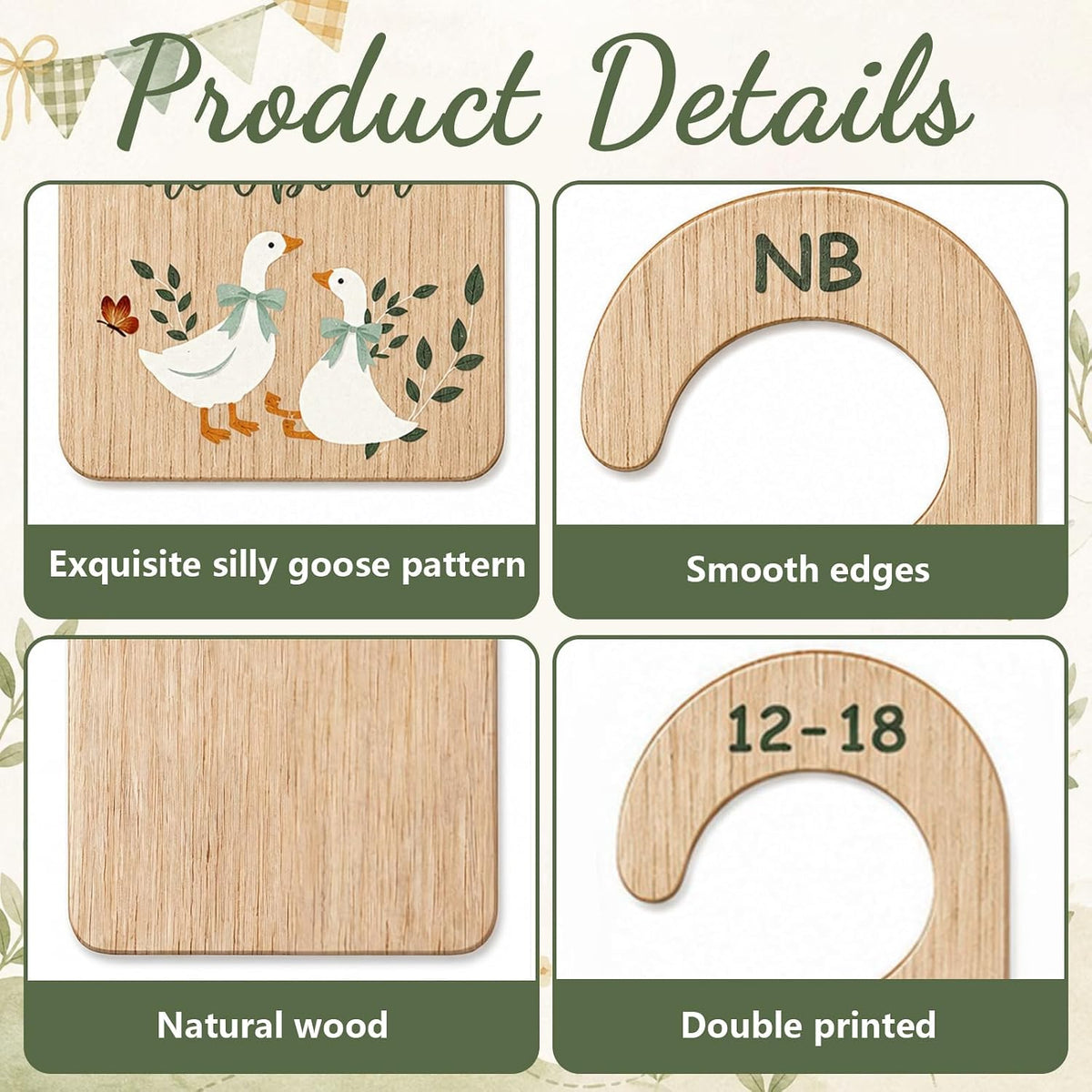 7 Pcs Retro Goose Baby Closet Dividers for Clothes Organizer Double Sided Wooden Nursery Closet Dividers for Baby Boy Girl Newborn to 24 Months Home Nursery Supplies