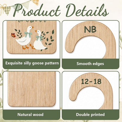 7 Pcs Retro Goose Baby Closet Dividers for Clothes Organizer Double Sided Wooden Nursery Closet Dividers for Baby Boy Girl Newborn to 24 Months Home Nursery Supplies