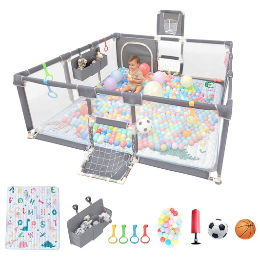 Playpen for Babies and Toddlers,73"x71"Baby Playpen with Mat Indoor＆Outdoor with Breathable Play Pen with Ocean Balls Hanging Pocket Basketball Hoop and Football Goal (Grey with Mat, 73"x71")