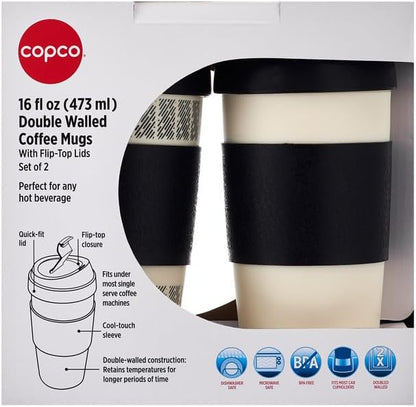5237160 Reusable, Insulated Double Wall Travel Mugs 16-ounce White/Black , 2 Count ( Pack of 1)