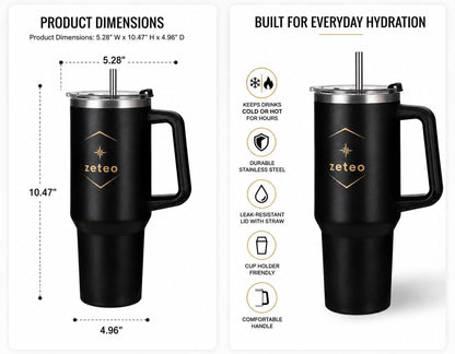 40 oz Insulated Tumbler with Handle and Straw — Stainless Steel Travel Mug for Long Shifts, Gym, Commute & Everyday Use — Vacuum Insulated, Leakproof Lid, BPA-Free, Cup Holder Friendly