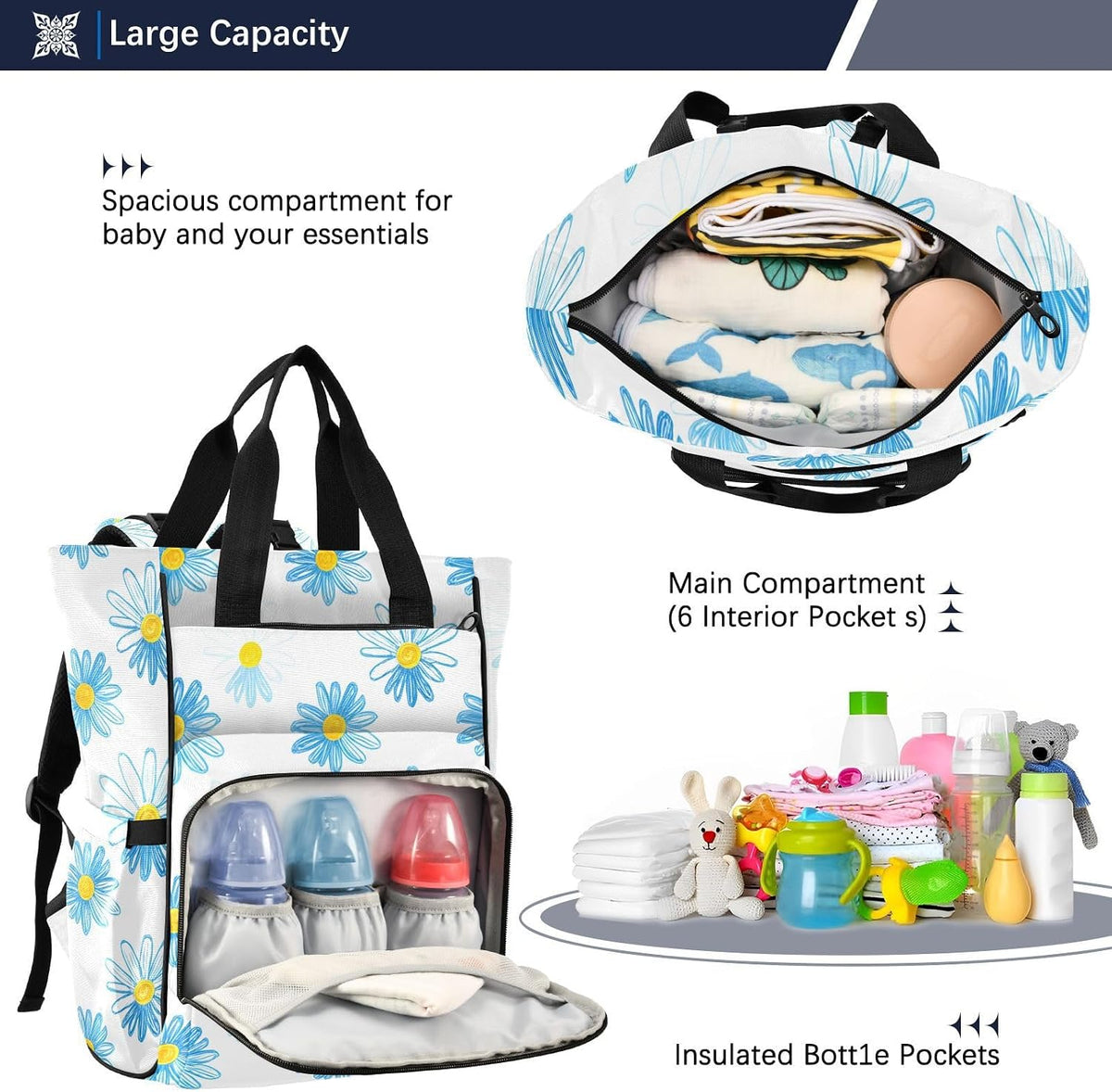 Diaper Bag Backpack, Multifunction Travel Bag for Moms Dads, Baby Changing Bag with Insulted Pockets, Stroller Straps and Side Bottle Pockets Daisy Chain Pattern
