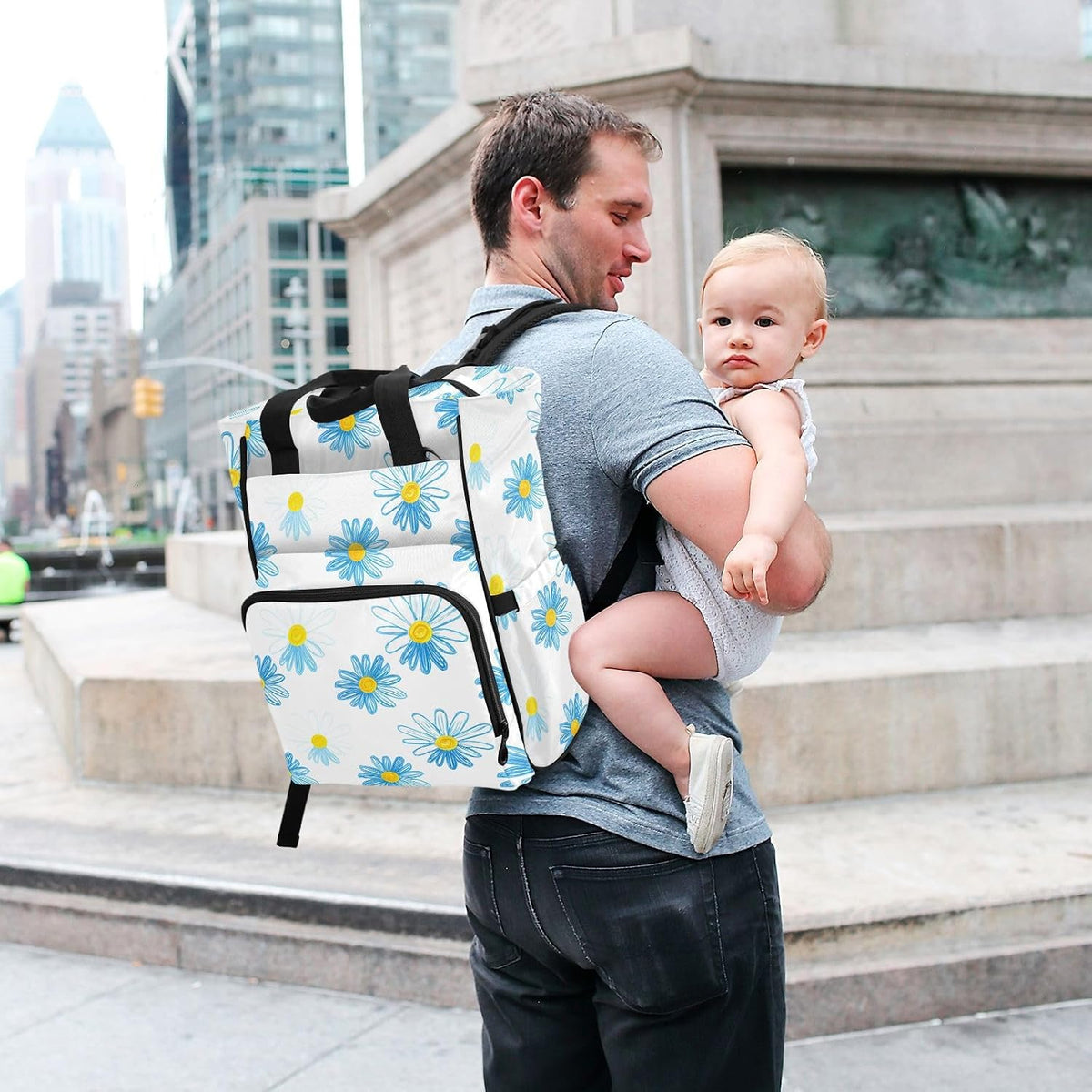 Diaper Bag Backpack, Multifunction Travel Bag for Moms Dads, Baby Changing Bag with Insulted Pockets, Stroller Straps and Side Bottle Pockets Daisy Chain Pattern