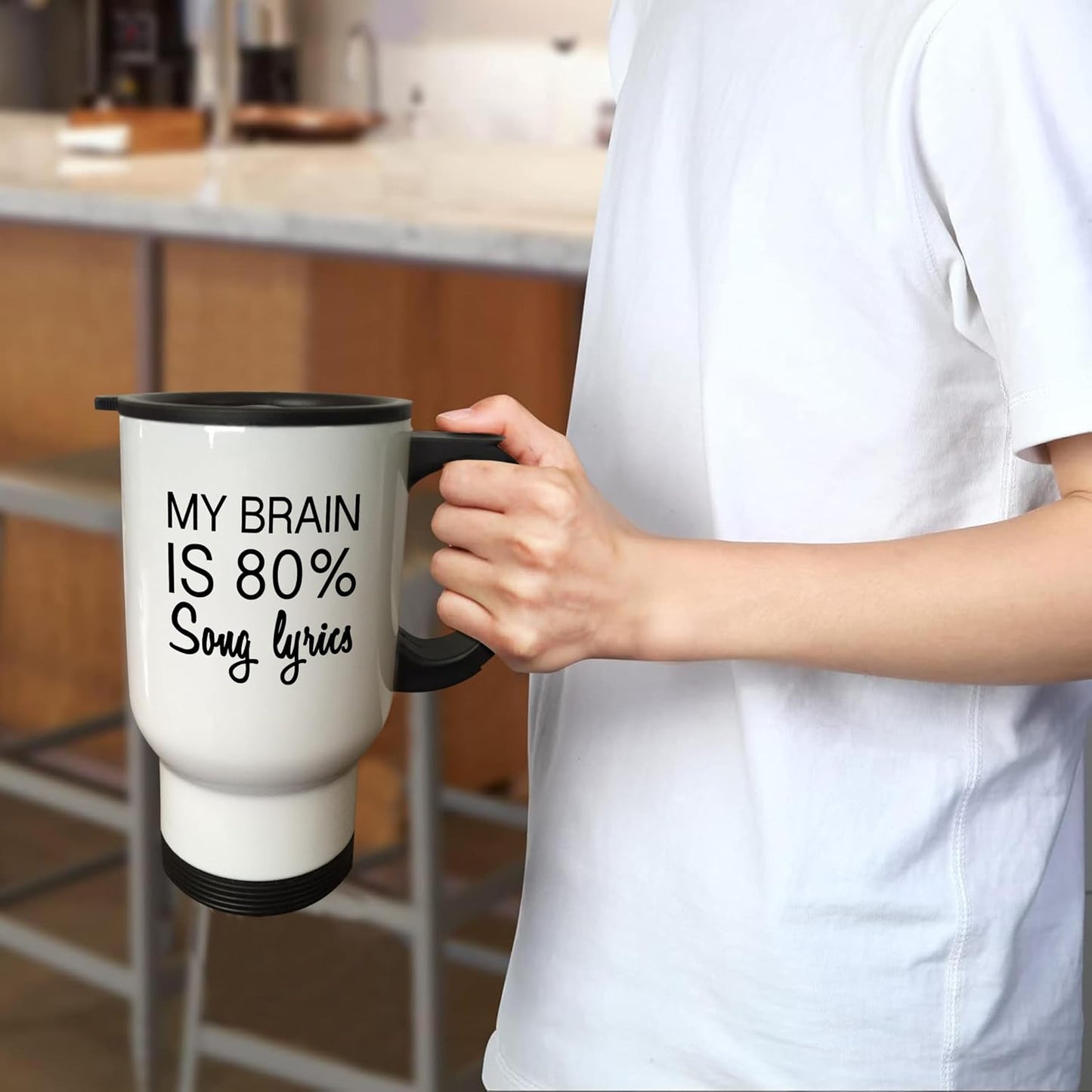MY BRAIN IS 80 PERCENT SONG LYRICS-Travel Mug, 14 oz, Stainless Steel, White