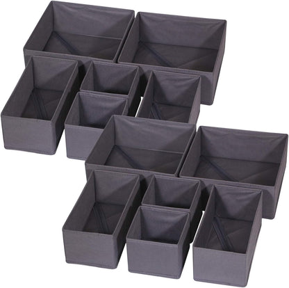 12 Pack Foldable Cloth Storage Box Closet Dresser Drawer Organizer Fabric Baskets Bins Containers Divider for Baby Clothes Underwear Bras Socks Lingerie Clothing,Grey 444