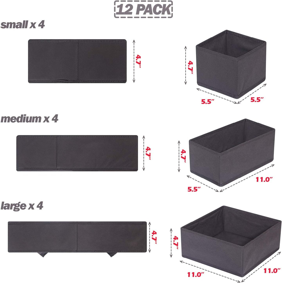 12 Pack Foldable Cloth Storage Box Closet Dresser Drawer Organizer Fabric Baskets Bins Containers Divider for Baby Clothes Underwear Bras Socks Lingerie Clothing,Grey 444