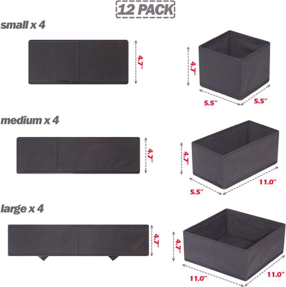12 Pack Foldable Cloth Storage Box Closet Dresser Drawer Organizer Fabric Baskets Bins Containers Divider for Baby Clothes Underwear Bras Socks Lingerie Clothing,Grey 444