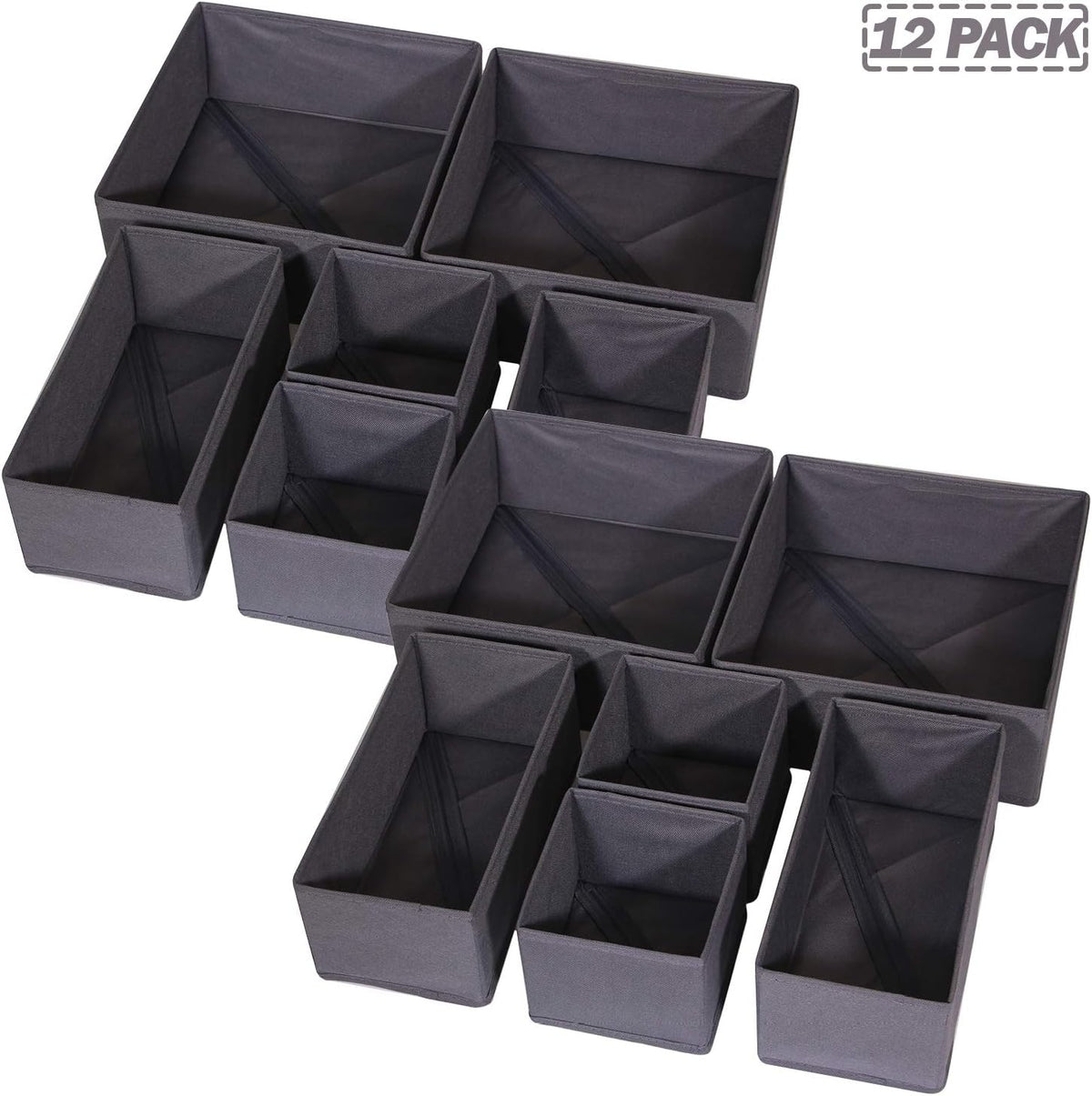 12 Pack Foldable Cloth Storage Box Closet Dresser Drawer Organizer Fabric Baskets Bins Containers Divider for Baby Clothes Underwear Bras Socks Lingerie Clothing,Grey 444