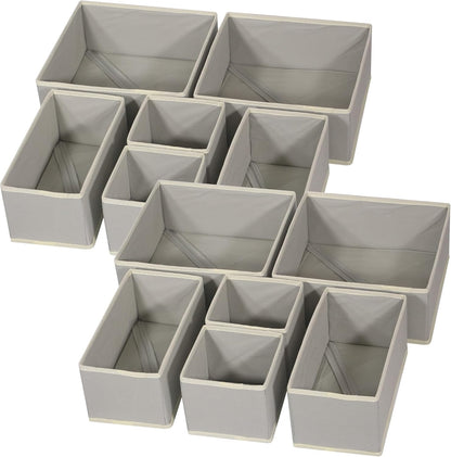 12 Pack Foldable Cloth Storage Box Closet Dresser Drawer Organizer Fabric Baskets Bins Containers Divider for Baby Clothes Underwear Bras Socks Lingerie Clothing,Grey 444