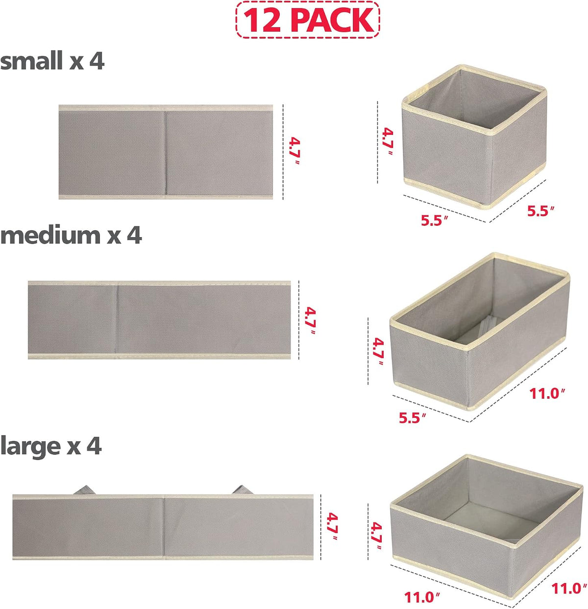 12 Pack Foldable Cloth Storage Box Closet Dresser Drawer Organizer Fabric Baskets Bins Containers Divider for Baby Clothes Underwear Bras Socks Lingerie Clothing,Grey 444