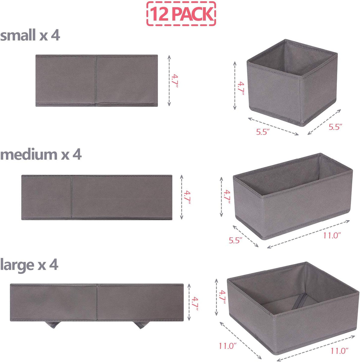 12 Pack Foldable Cloth Storage Box Closet Dresser Drawer Organizer Fabric Baskets Bins Containers Divider for Baby Clothes Underwear Bras Socks Lingerie Clothing,Grey 444