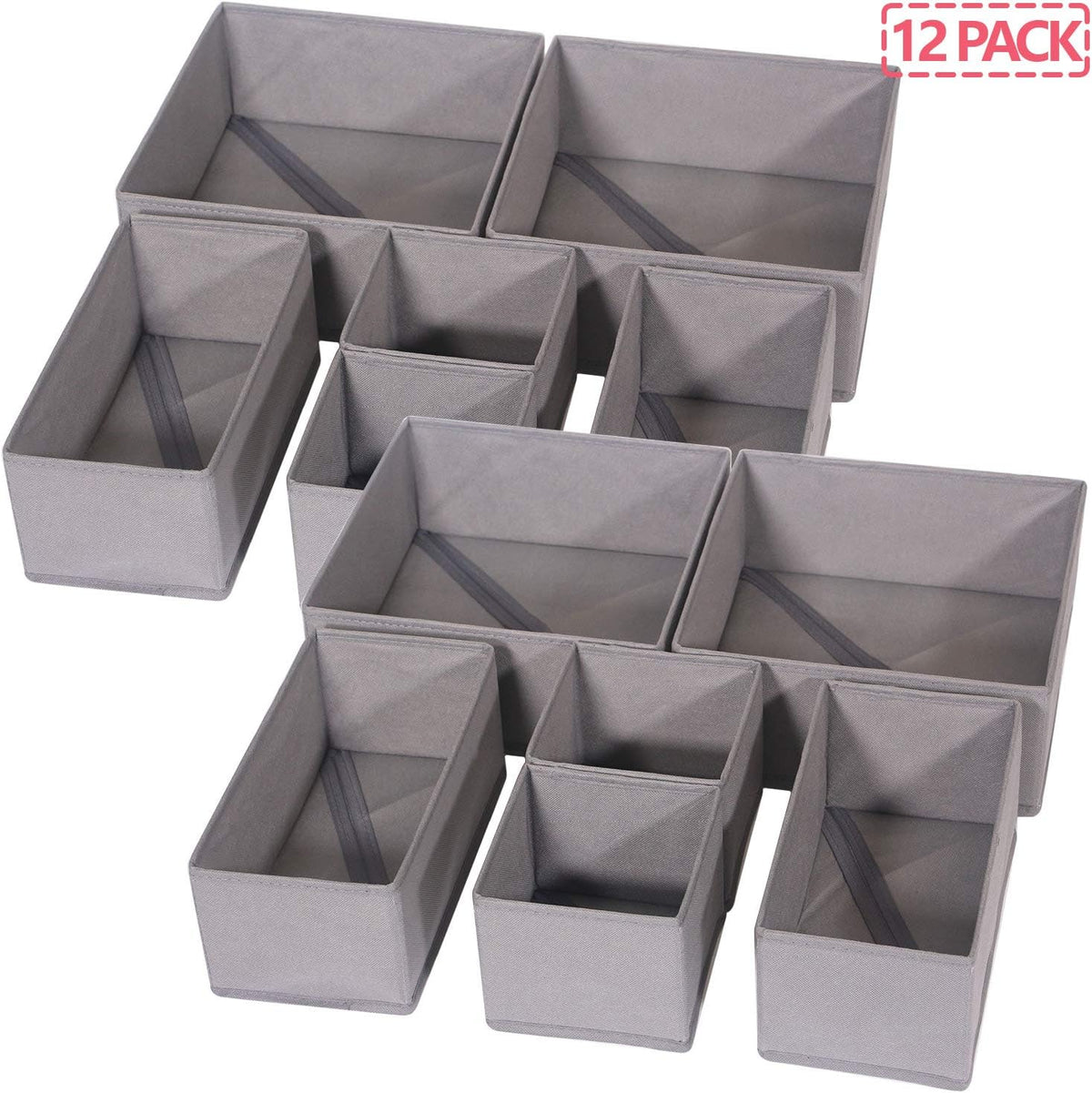 12 Pack Foldable Cloth Storage Box Closet Dresser Drawer Organizer Fabric Baskets Bins Containers Divider for Baby Clothes Underwear Bras Socks Lingerie Clothing,Grey 444