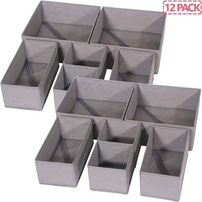 12 Pack Foldable Cloth Storage Box Closet Dresser Drawer Organizer Fabric Baskets Bins Containers Divider for Baby Clothes Underwear Bras Socks Lingerie Clothing,Grey 444