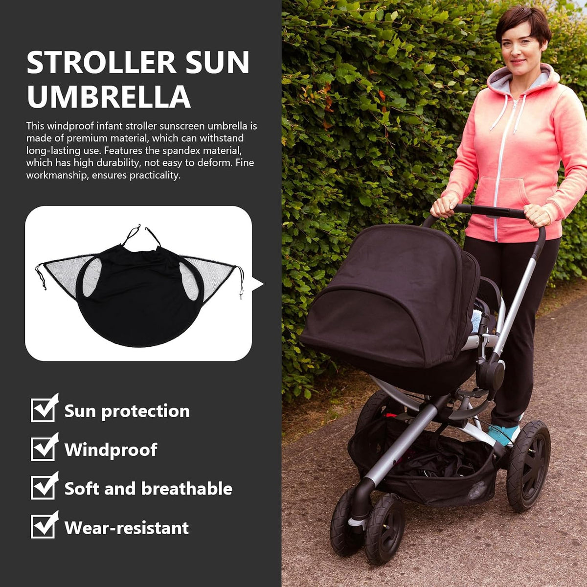 Stroller Sunshade and Parasol Cover for Strollers, Windproof Black Extended Canopy UV Protection Sunshade for Car Seat, Outdoor Weather Protection