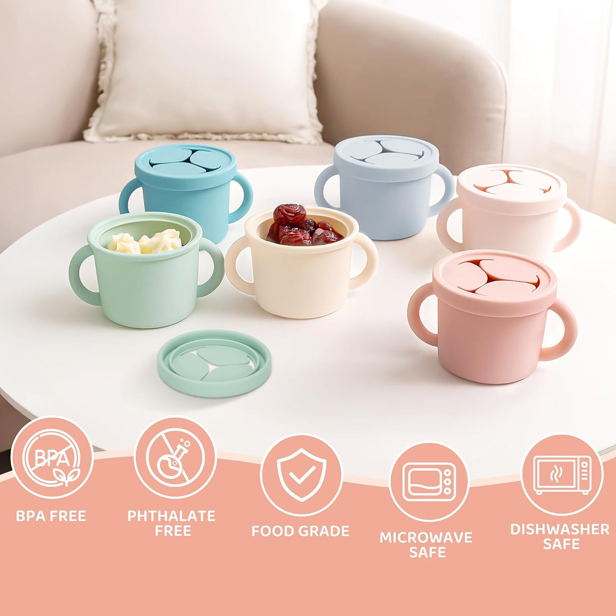 Snack Containers, Silicone Food Grade Silicone Cups, Toddler Snack Container Cups with Handles and Lid for Toddlers (Color 1)