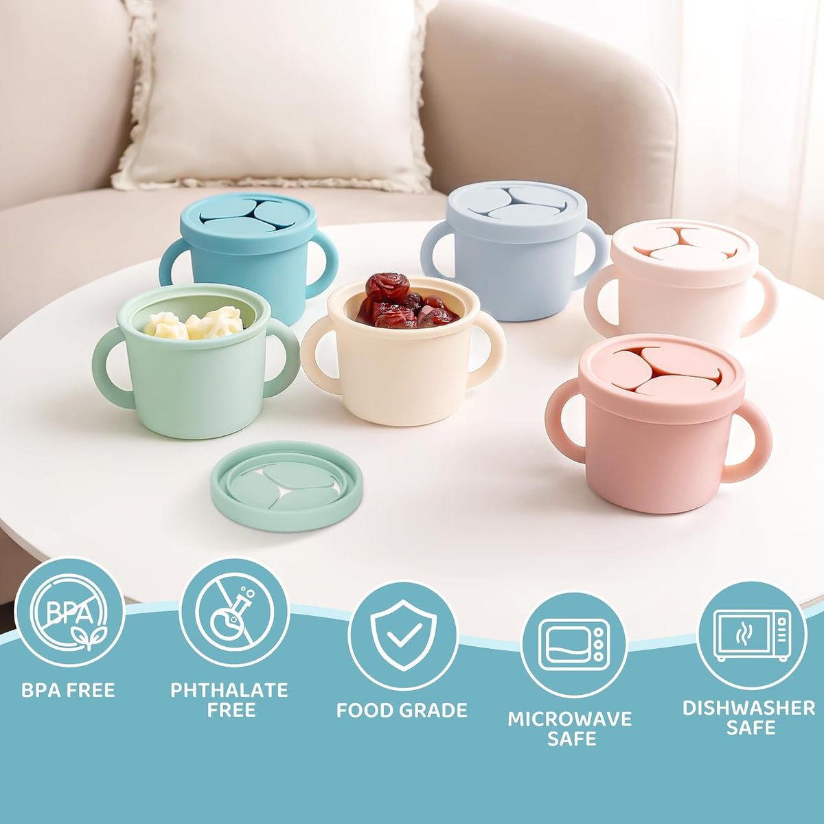 Snack Containers, Silicone Food Grade Silicone Cups, Toddler Snack Container Cups with Handles and Lid for Toddlers (Color 1)