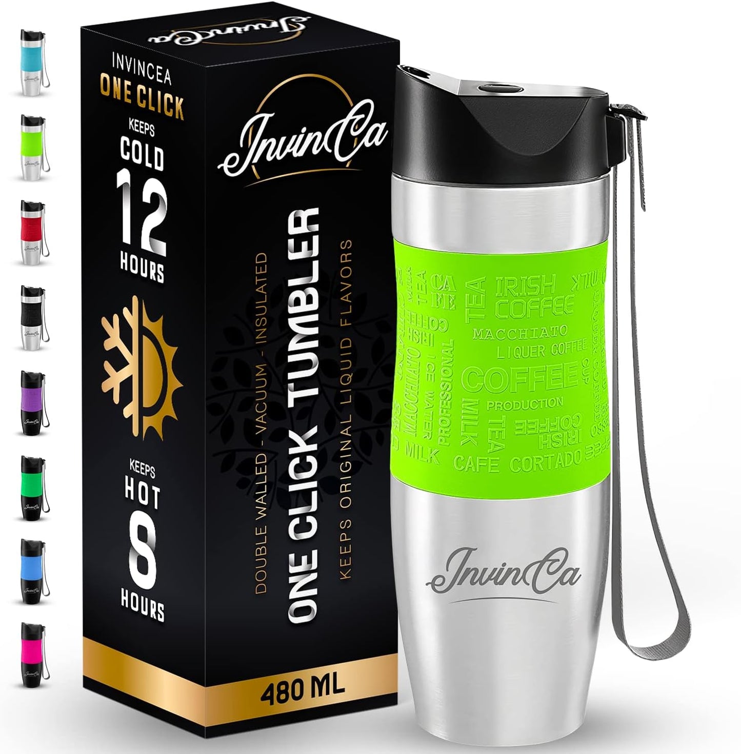 INVINCEA 16 oz Thermal Tumbler, Stainless Steel Vacuum Insulated Coffee Travel Mug, Double Wall Reusable To Go Cup, Spill Proof Twist on, BPA-Free, Leak-Proof Lid For Hot & Cold Beverages