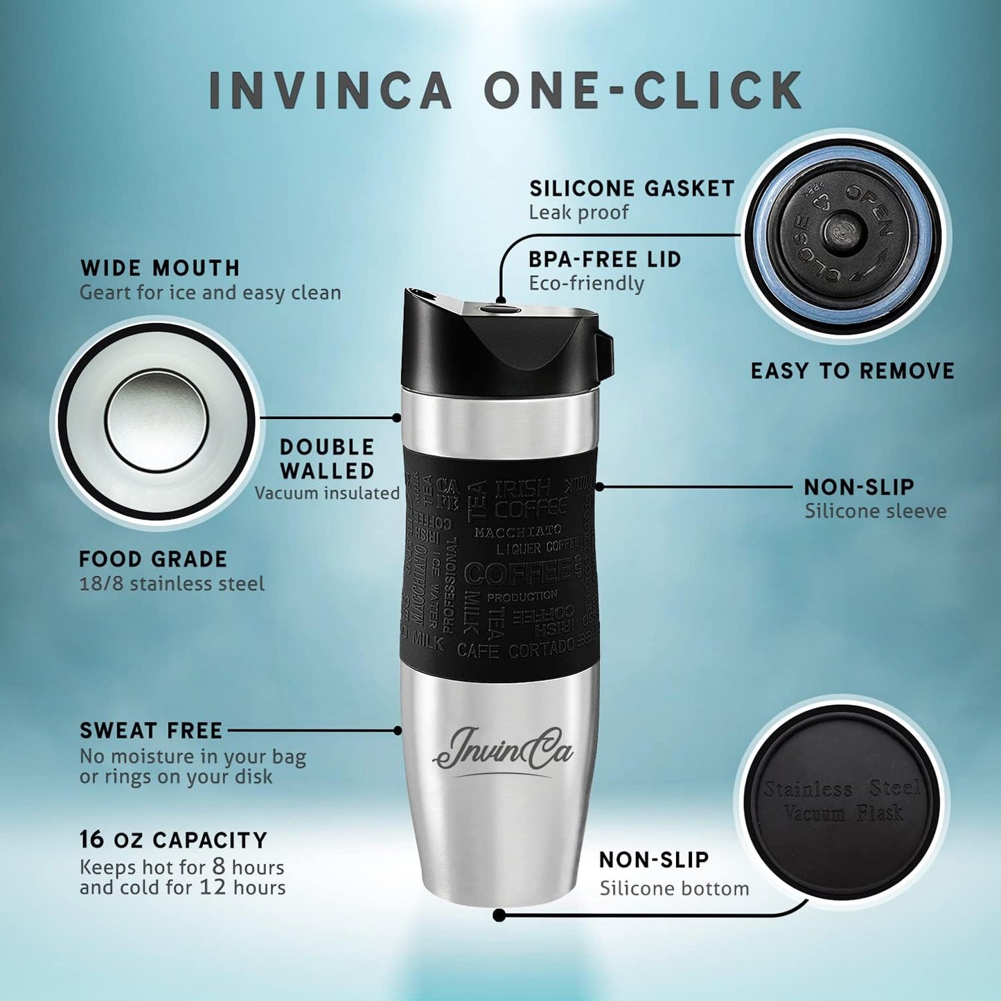INVINCEA 16 oz Thermal Tumbler, Stainless Steel Vacuum Insulated Coffee Travel Mug, Double Wall Reusable To Go Cup, Spill Proof Twist on, BPA-Free, Leak-Proof Lid For Hot & Cold Beverages
