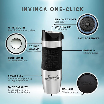 INVINCEA 16 oz Thermal Tumbler, Stainless Steel Vacuum Insulated Coffee Travel Mug, Double Wall Reusable To Go Cup, Spill Proof Twist on, BPA-Free, Leak-Proof Lid For Hot & Cold Beverages