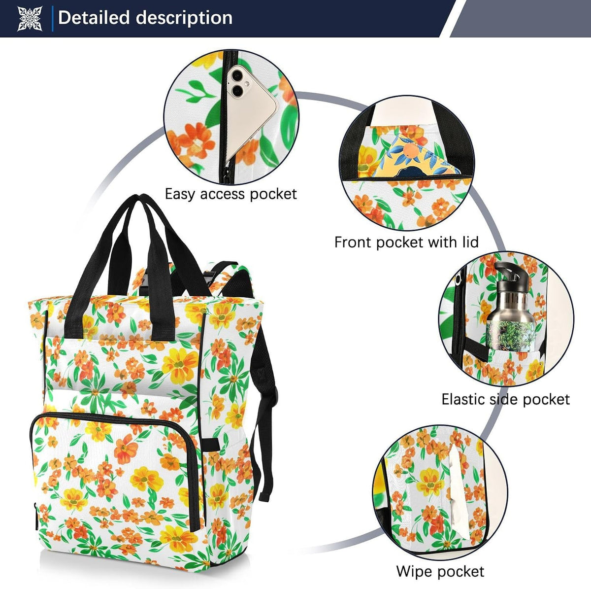 Diaper Bag Backpack, Multifunction Travel Bag for Moms Dads, Baby Changing Bag with Insulted Pockets, Stroller Straps and Side Bottle Pockets Sunshine Floral Pattern