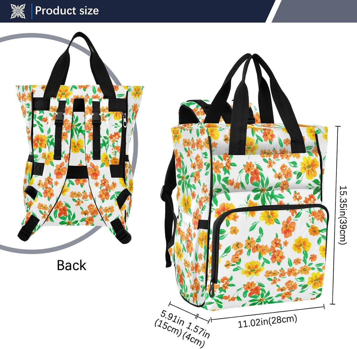 Diaper Bag Backpack, Multifunction Travel Bag for Moms Dads, Baby Changing Bag with Insulted Pockets, Stroller Straps and Side Bottle Pockets Sunshine Floral Pattern