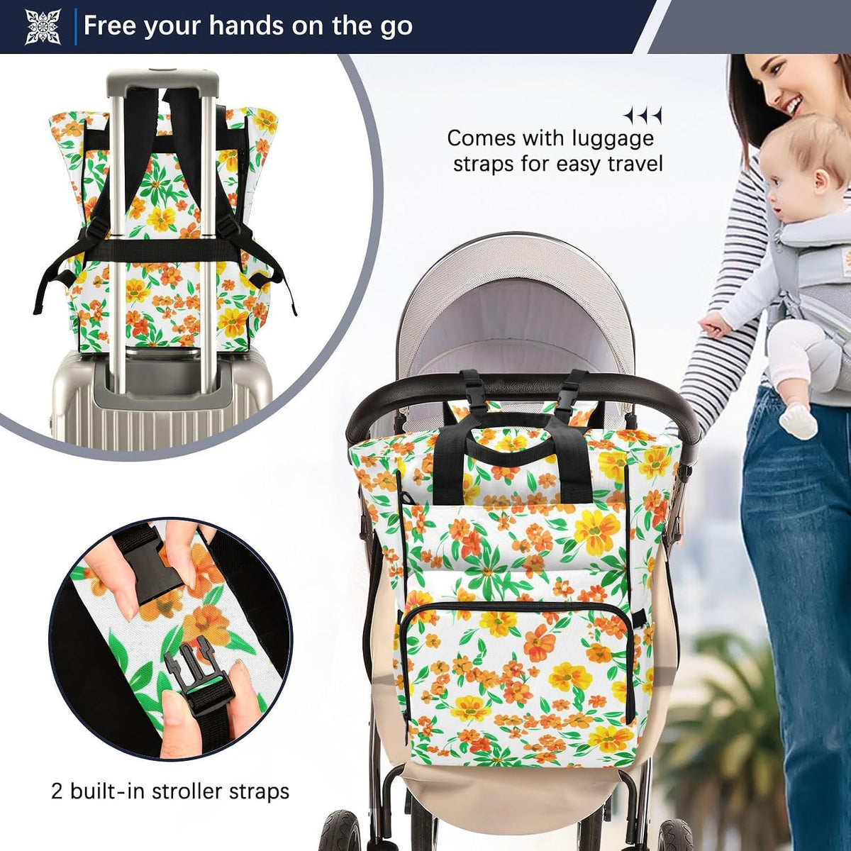 Diaper Bag Backpack, Multifunction Travel Bag for Moms Dads, Baby Changing Bag with Insulted Pockets, Stroller Straps and Side Bottle Pockets Sunshine Floral Pattern