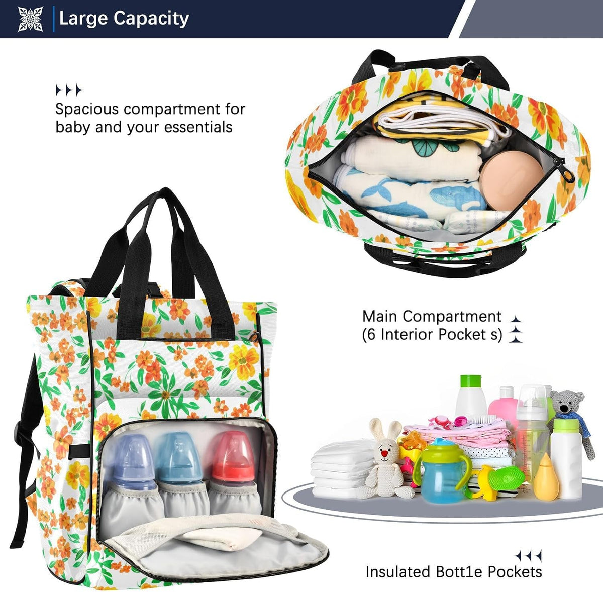 Diaper Bag Backpack, Multifunction Travel Bag for Moms Dads, Baby Changing Bag with Insulted Pockets, Stroller Straps and Side Bottle Pockets Sunshine Floral Pattern