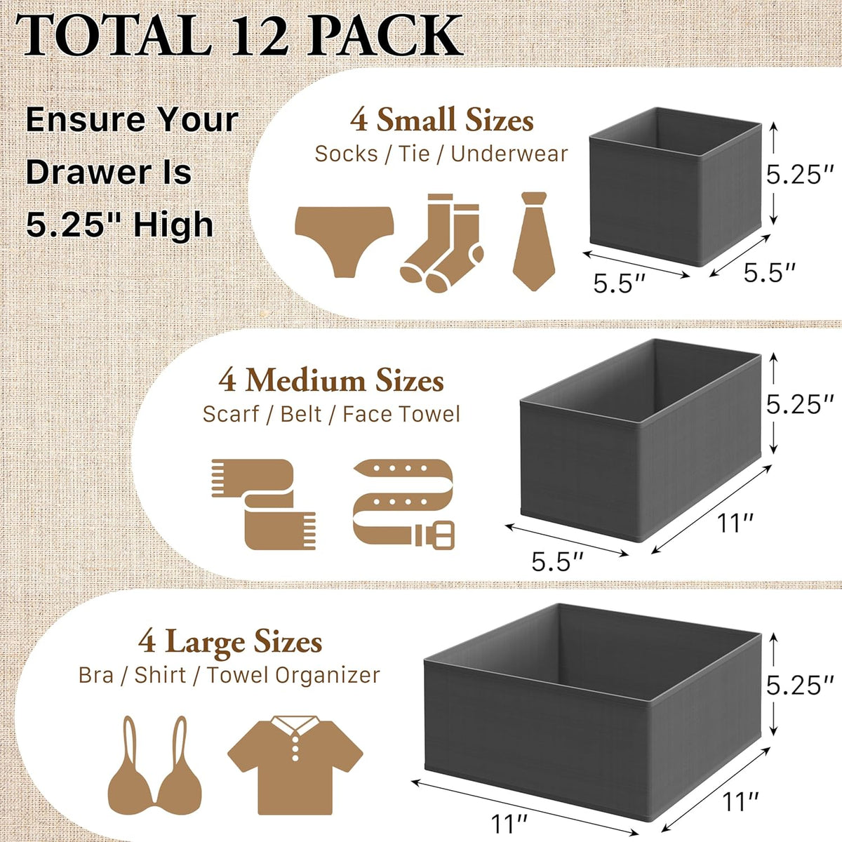 Underwear Drawer Organizer, Set of 4, Gray